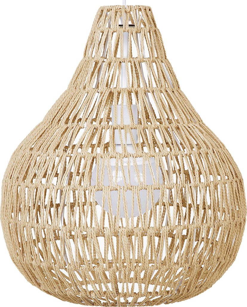 A close-up view of a beige woven pendant light.