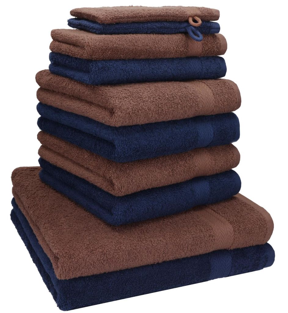 Betz 10-tlg. Handtuch-Set PREMIUM 2 Duschtücher 4 Handtücher 2 Gästetücher 2 Waschhandschuhe Farbe: dunkel blau & nuss braun