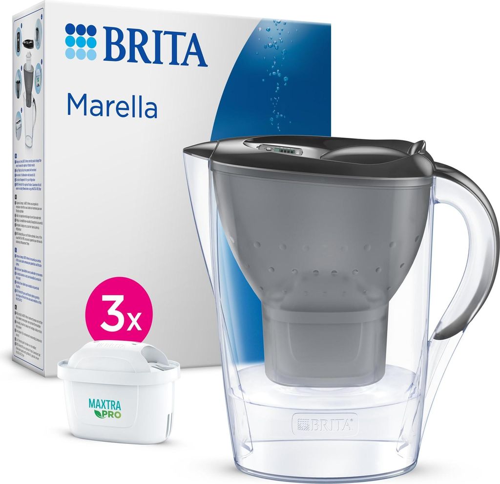 BRITA Wasserfilter Kanne Marella graphit (2,4l) inkl. 3x MAXTRA PRO All-in-1 Wasserfilter-Kartusche – Filter zur Reduzierung von Kalk, Chlor, Ble...