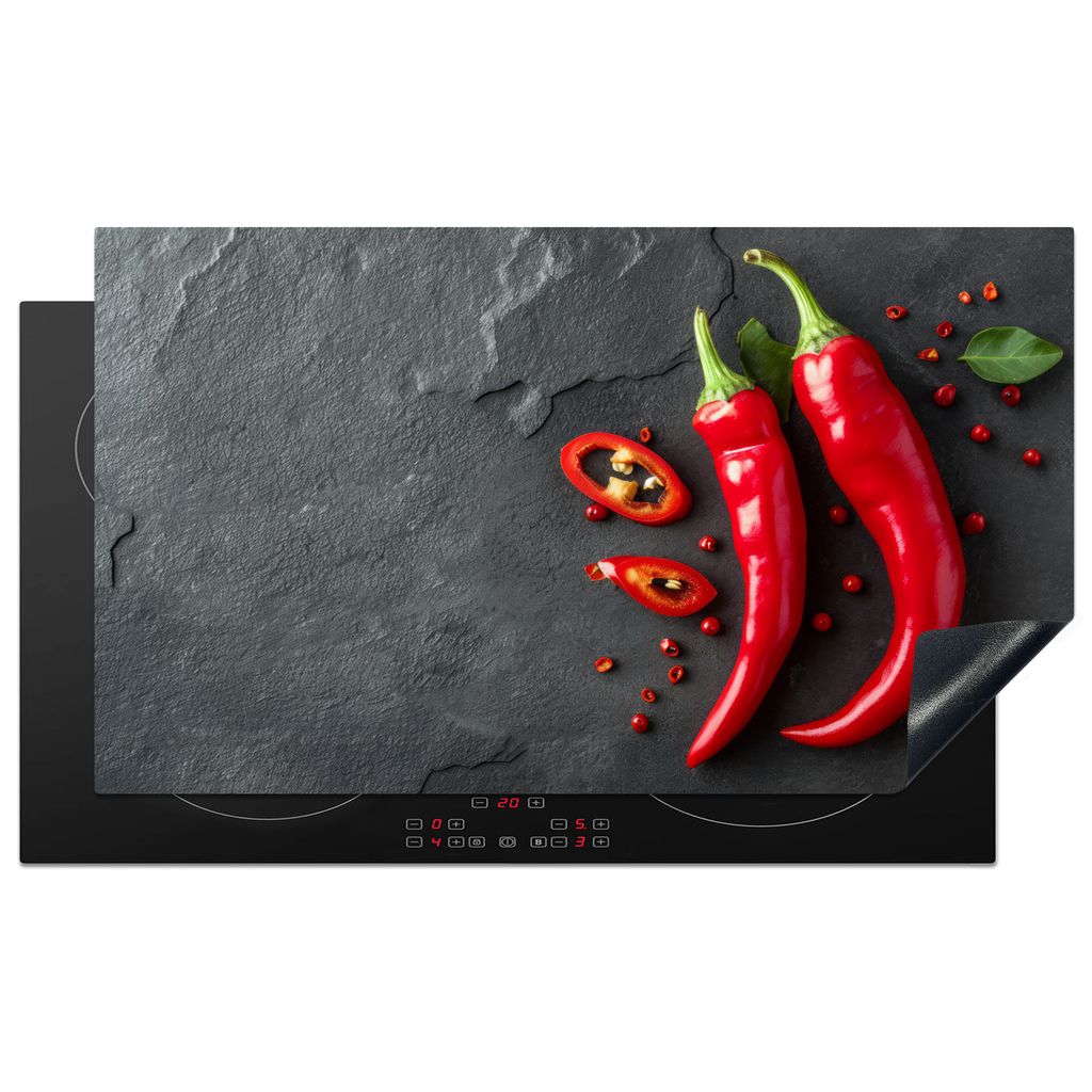 KitchenYeah Herdabdeckplatte Rote Paprika - Beton - Paprika - Gemüse , 90x52cm, Küche Deko, Glaskeramikkochfeld Herdabdeckung, Abdeckplatte fù...