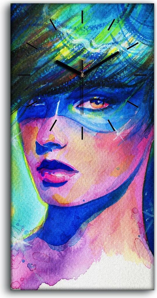 Wandbild Leinwand Bilder Wanduhr 30x60 Fantasie Galaxie Mädchen Aquarell - schwarze Hände