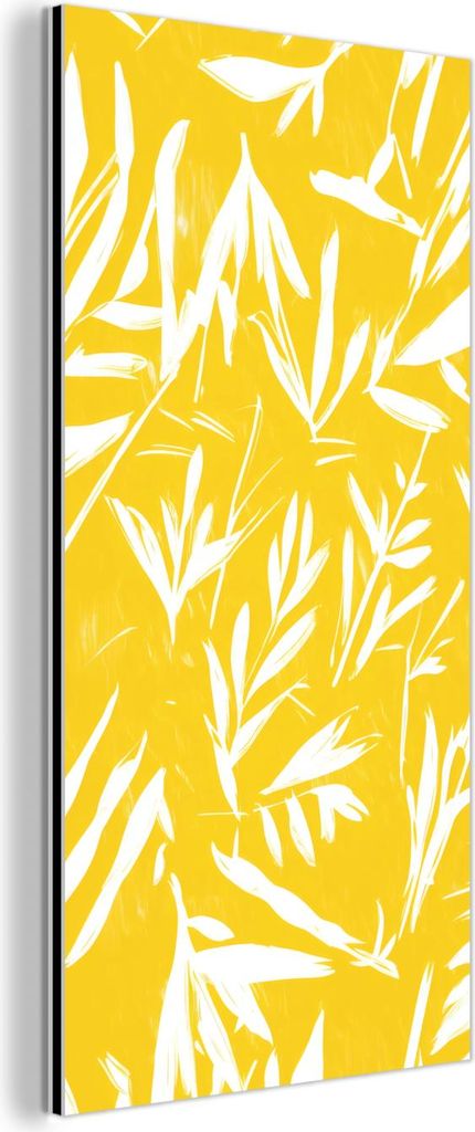 MuchoWow Wanddekoration Metall Metallbild Wandkunst 40x80 cm Abstrakt - Blätter - Gelb - Pinselstriche MuchoWow Aluminium Gemälde - Wanddekoratio...