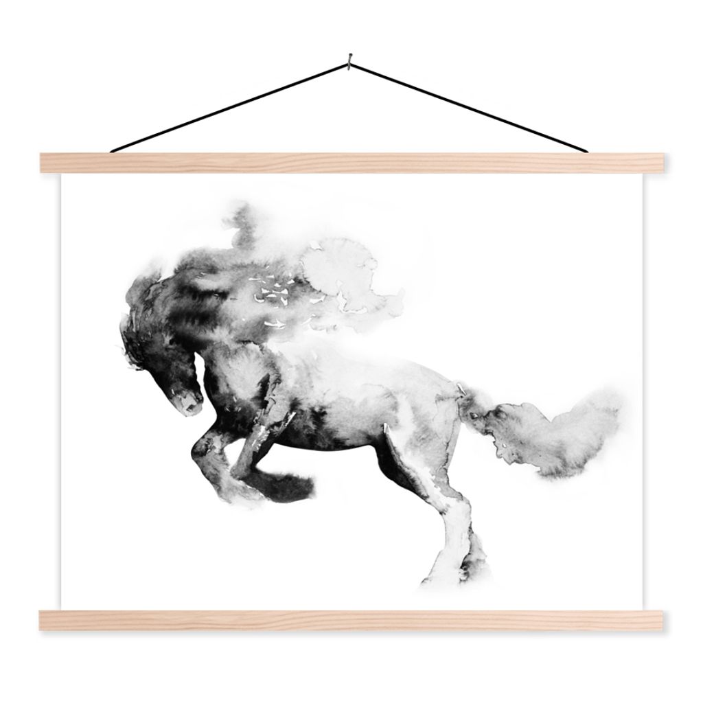 MuchoWow Textilposter Gemälde - Pferd - Tiere - Ölfarbe - Schwarz - Weiß 40x30 cm mit holzfarbenen Rahmen - Bilder