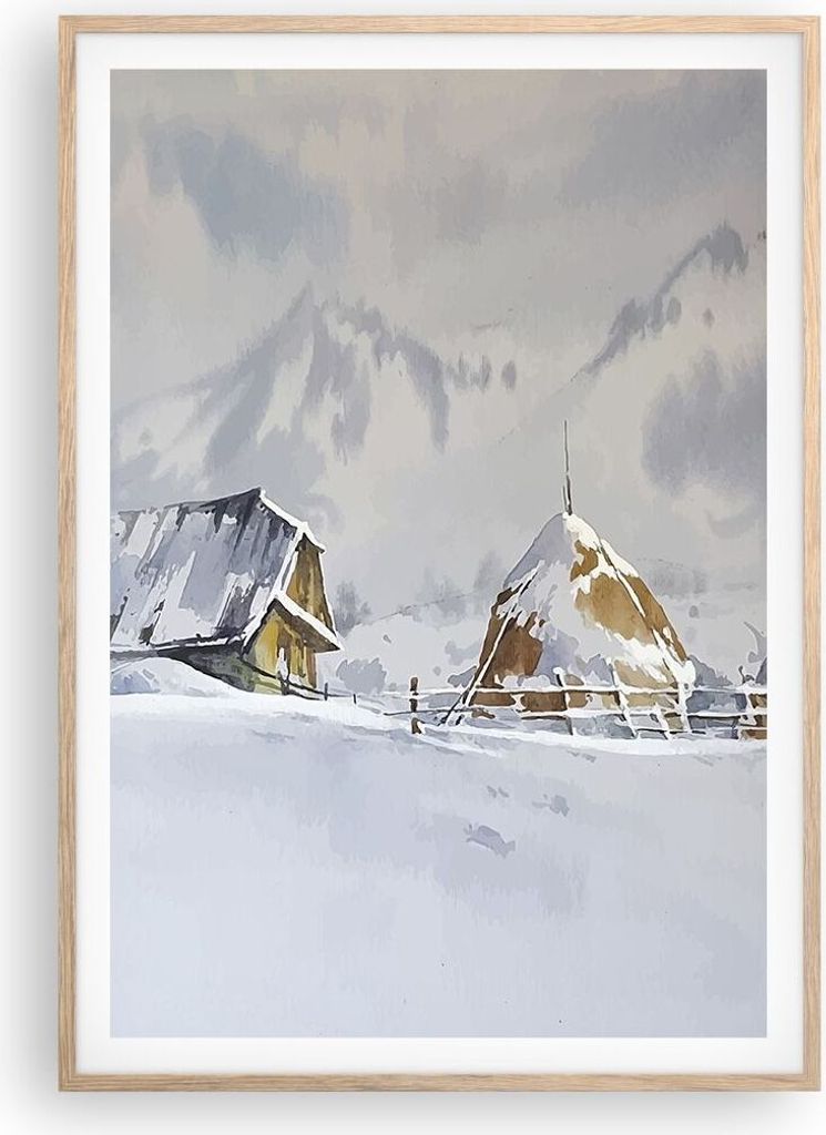 Gerahmtes Poster - Rahmen in heller Eiche - Haus Berge Schnee - 70x100 cm - Wand Bild - Wanddeko - Wandbilder - Kunstposter - Wandposter - Bilderra...