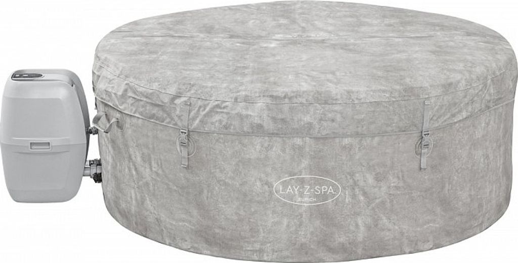 A round, inflatable hot tub covered with a gray fabric cover, with a separate control unit attached to the side.