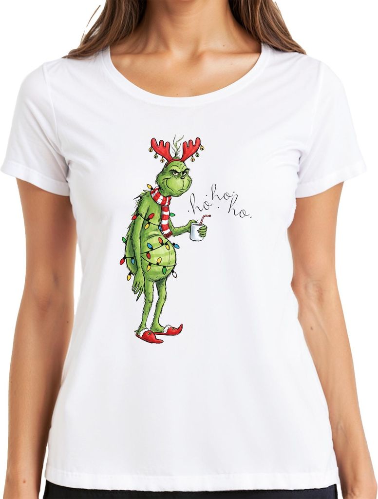 ho ho ho Grumpy Grinch Weihnachten lustig Lichterkette Rentierhörner Damen T-Shirt, Weiß, S
