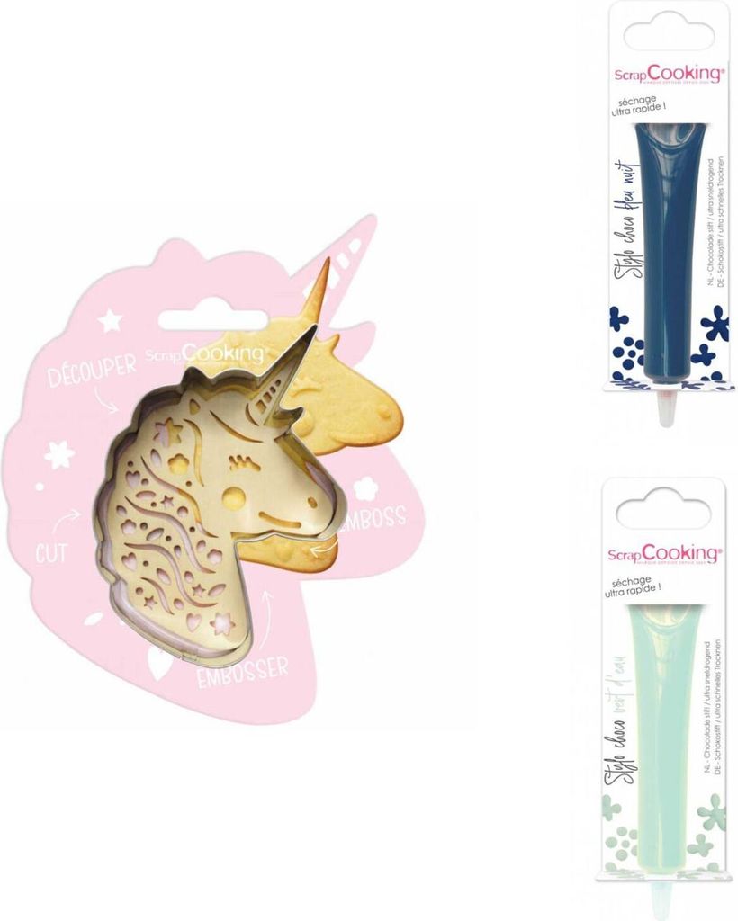 Einhorn-Relief-Keks-Set + 2 nachtblaue und wassergrüne Schokoladenstifte