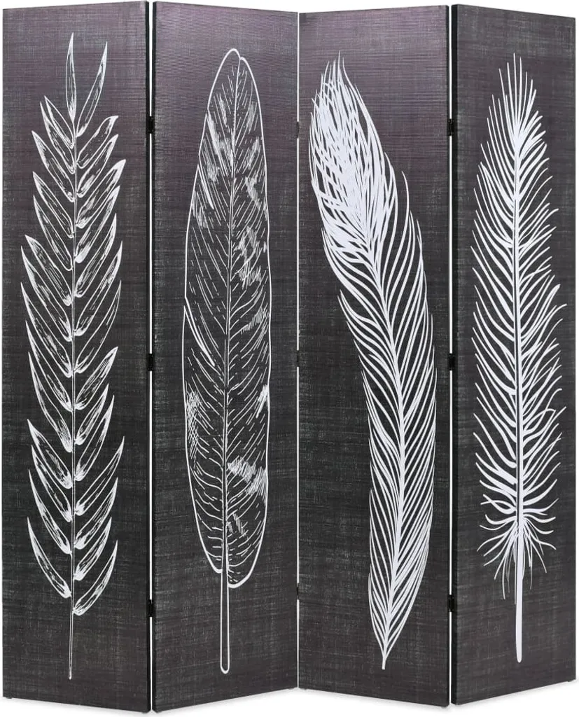 Séparation de pièce pliable 160 x 170 cm avec motif plumes noir et blanc
