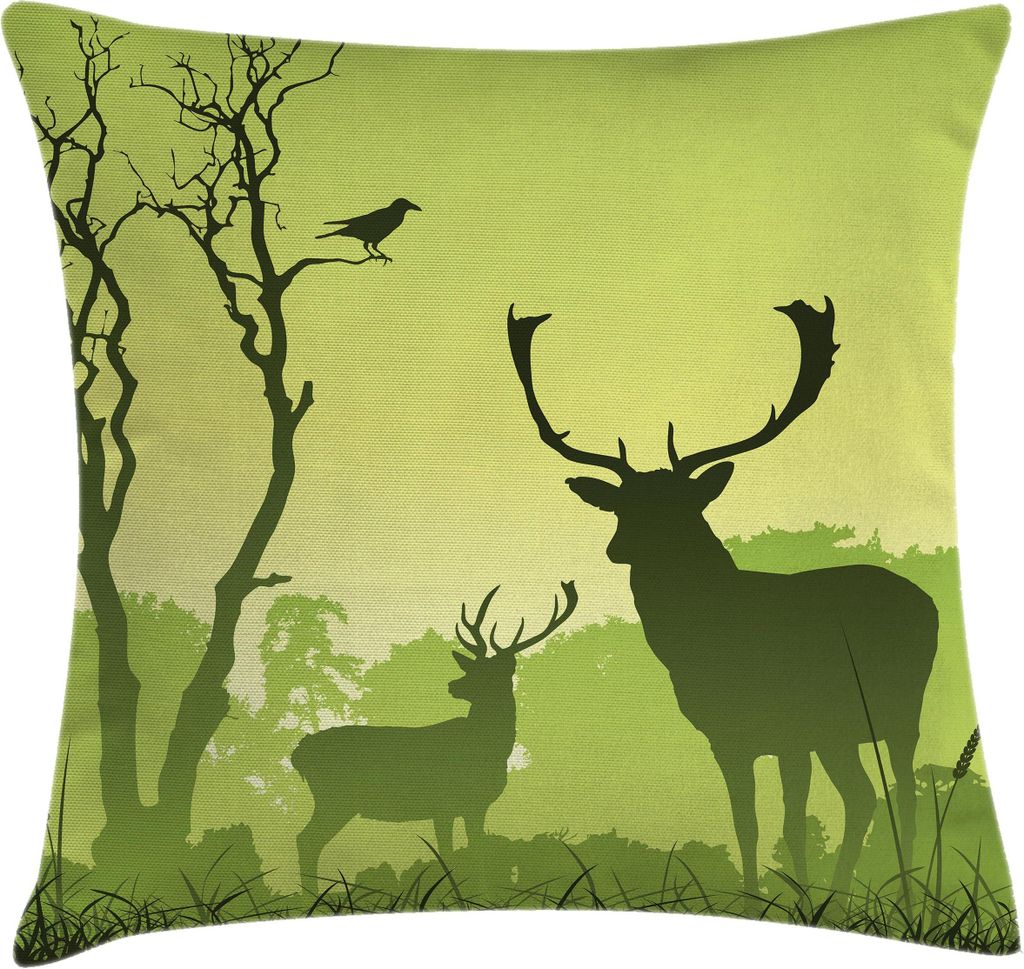 ABAKUHAUS Geweih Kissenbezug, Manne Rotwild Auf Einer Wiese Mit Bäumen Und Krähen Vogel Ländlichem Grünem Land Druck, 60 x 60 cm, Grün