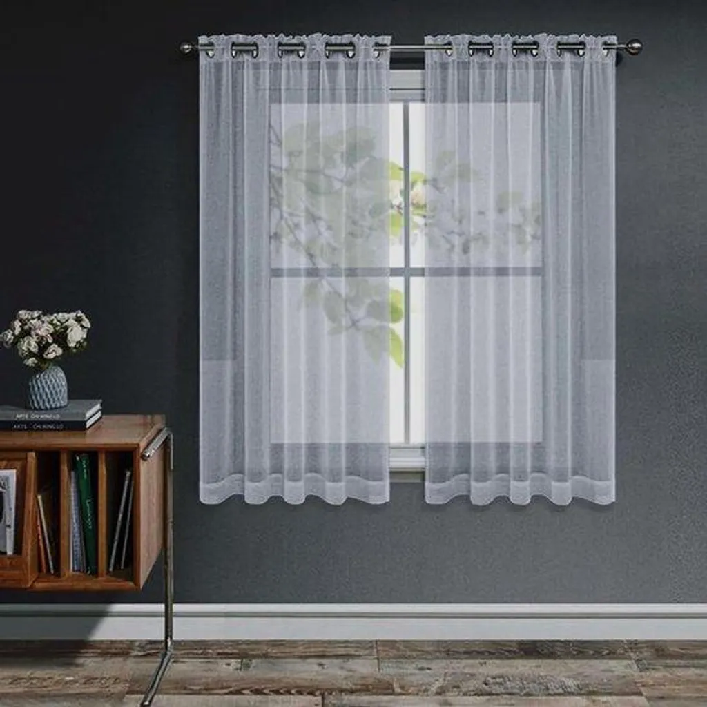 Rideaux voilages gris à œillets 160x140 cm - Tissu léger et fluide