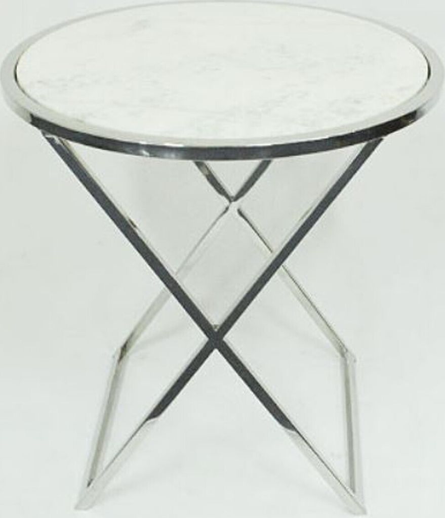 Casa Padrino Beistelltisch Silber / Weiß Ø 61 x H. 61 cm - Wohnzimmer Beistelltisch mit weißer Marmorplatte