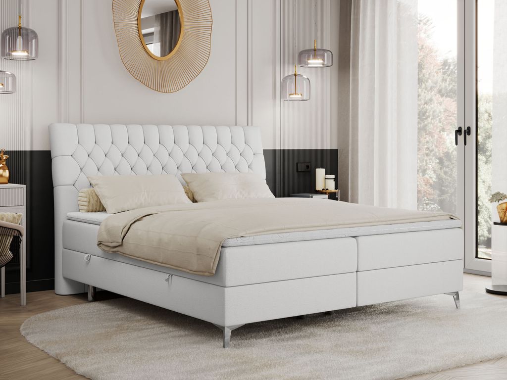 Boxspringbett 200x200 mit 2 Bettkästen Matratze und Topper, Polsterbett 200x200, Bett 200x200 - MILEN - 200x200 cm - Weiß - Kunstleder - H3