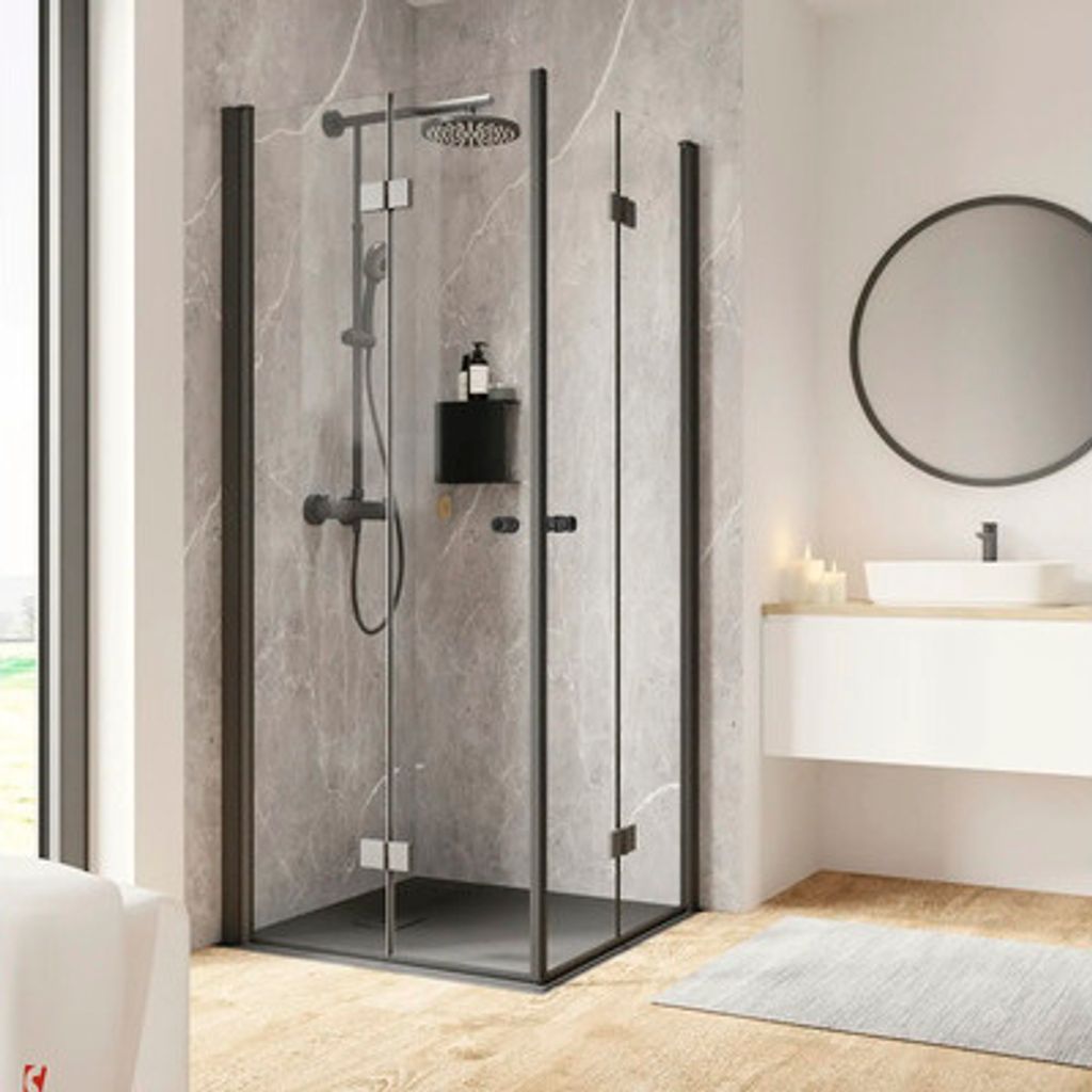 Eckeinstieg mit Drehfalttür SCHULTE Garant 2.0 ExpressPlus 80 x 80 cm Profil schwarz Klarglas schmutzabweisende Glasbeschichtung Türanschlag link...