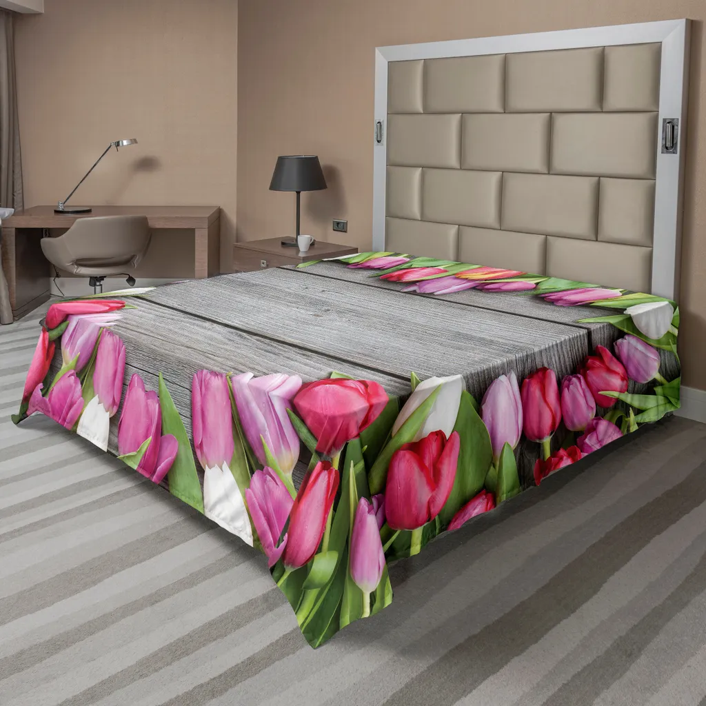 Drap Doux Confortable Motif Tulipes et Bois Naturel 260x228 cm Rose