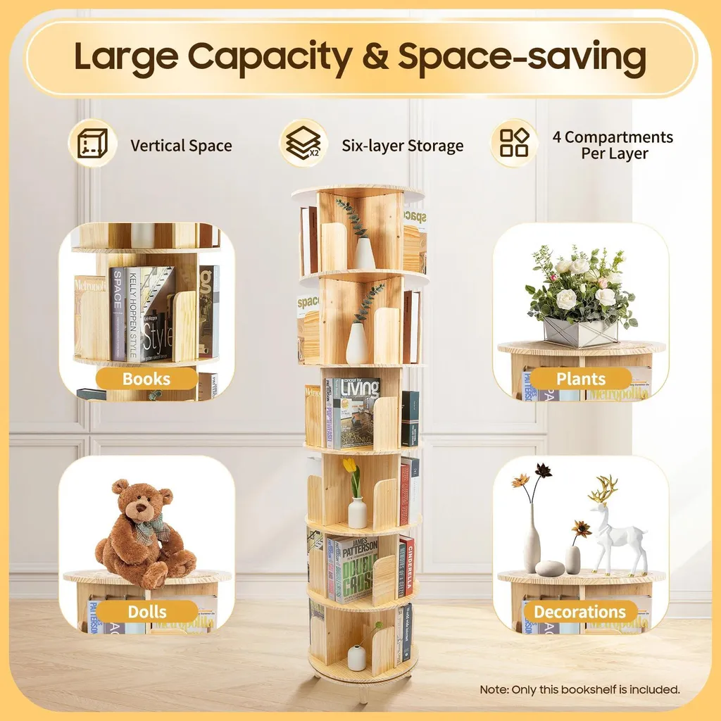 Bibliothèque 6 niveaux grande capacité - Meuble de rangement pivotant bois