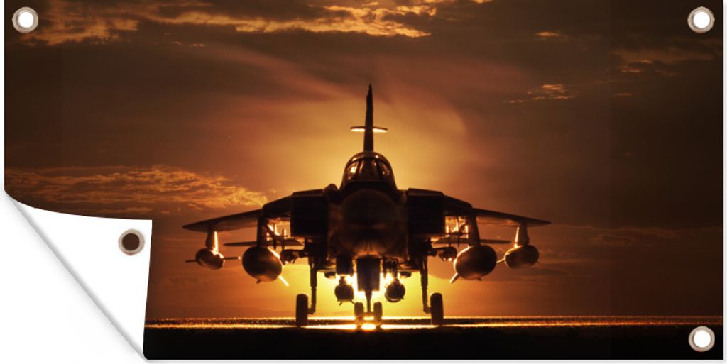 MuchoWow 160x80 cm Outdoor-Poster Gartendeko Sichtschutz Garten Poster für den Garten Die Silhouette eines Kampfjets bei Sonnenuntergang