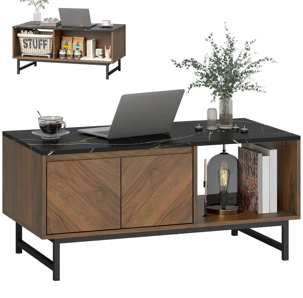 Table basse avec rangements, plateau marbre et 2 portes en noyer