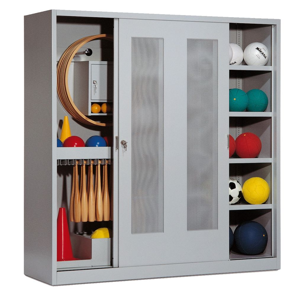 C+P Sportgeräteschrank mit Lochblech-Schiebetüren (Typ 5), HxBxT 195x190x60 cm, Lichtgrau (RAL 7035), Lichtgrau (RAL 7035), Einzelschließung