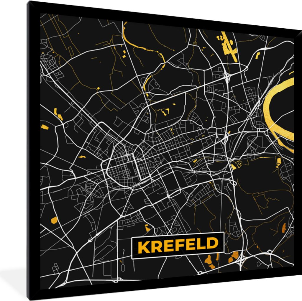 MuchoWow Gerahmtes Poster Krefeld - Stadtplan - Gold - Karte - Deutschland 40x40 cm - Poster mit Schwarzem Bilderrahmen Wandposter Rahmen Foto Bi...
