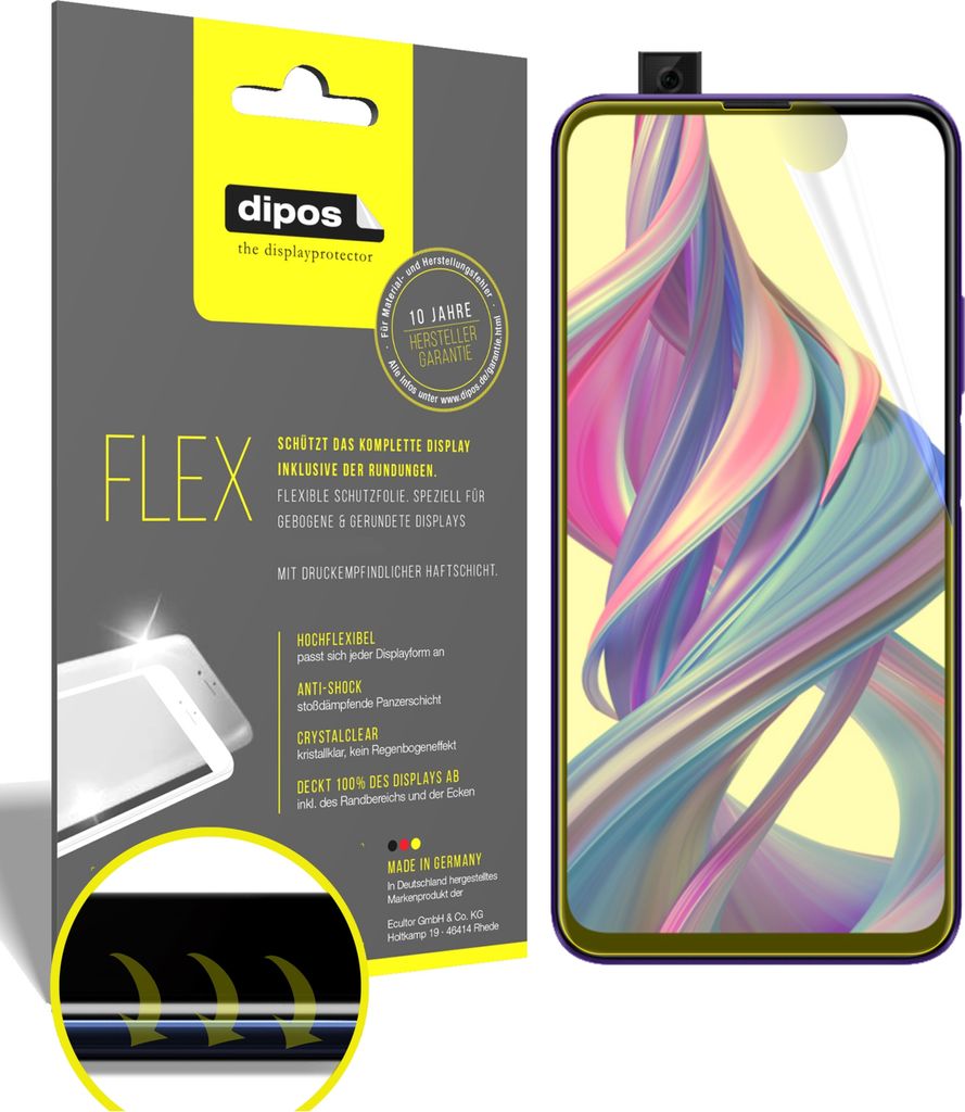 3x Schutzfolie für Honor 9X Folie, 100% Displayabdeckung, dipos Flex