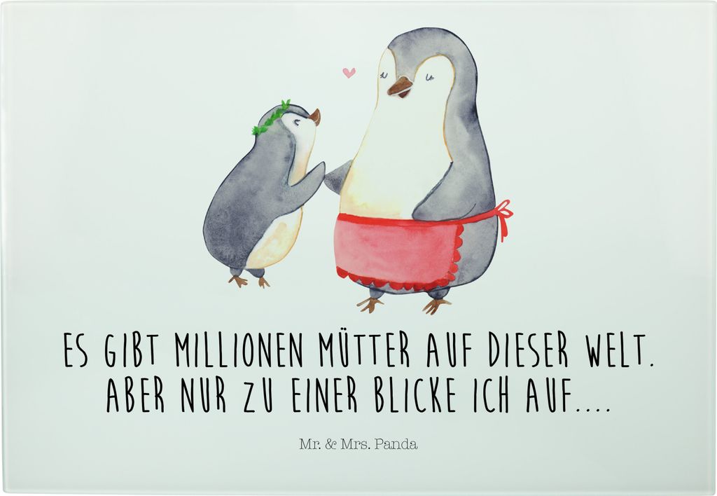 Mr. & Mrs. Panda Schneidebrett Pinguin mit Kind - Weiß - Geschenk, Hackbrett, Vesperplatte, Vorbild Mama, Mutter, Muttertag, Mutti, Küchenschneid...