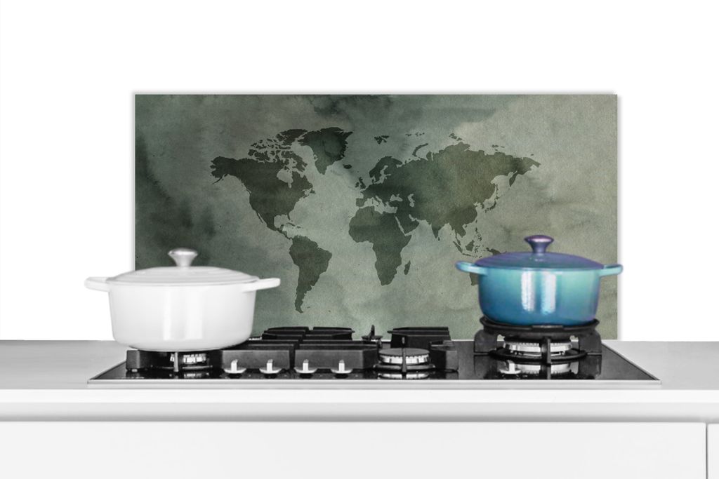 KitchenYeah Spritzschutz Küche - Küchenrückwand - Wandschutz für Herd und Spüle - Weltkarte - Grün - Grau 90x45 - Alu-Dibond (Alternative ...