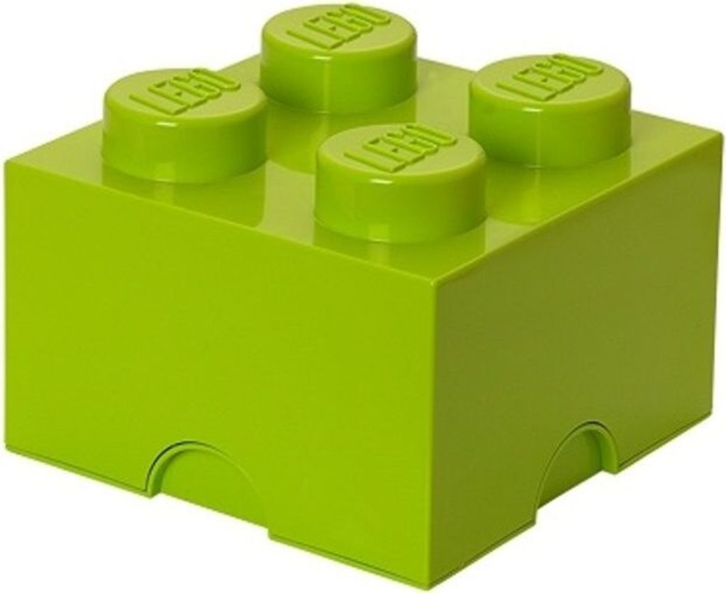 A bright green LEGO storage box shaped like a 2x2 brick.