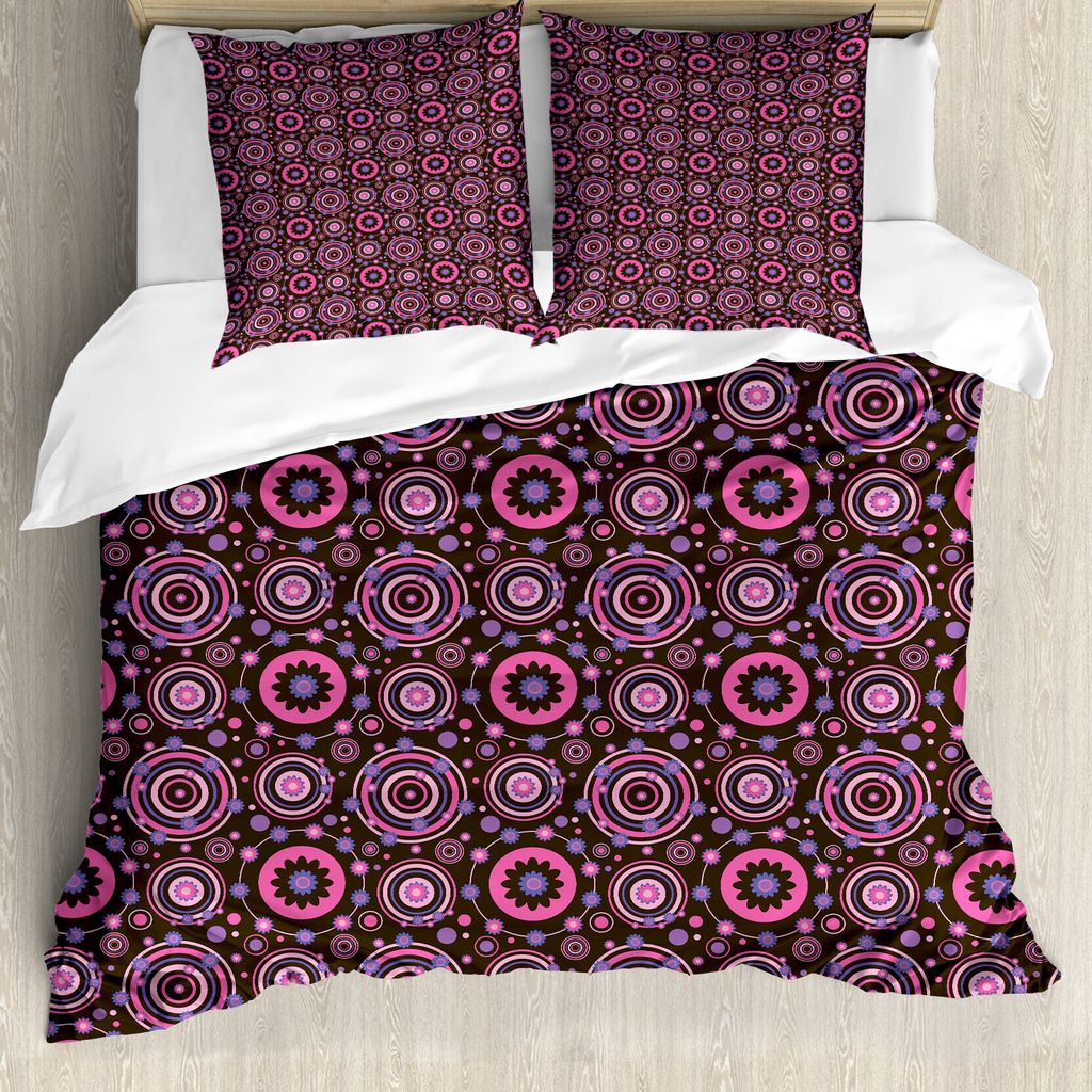 ABAKUHAUS Blumen Bettbezug, Hippie blühende Blumen, Milbensicher Allergiker geeignet mit Kissenbezügen, 200 cm x 200 cm - 80 x 80 cm, Schokoladen...