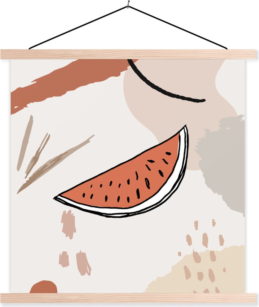 MuchoWow Textilposter Sommer - Wassermelone - Weiß 120x120 cm mit holzfarbenen Rahmen - Textil-Poster