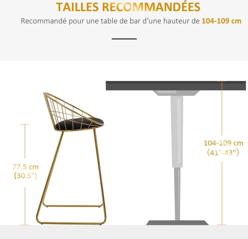 Tabouret de bar velours noir pied doré structure métal 97 cm lot de 2