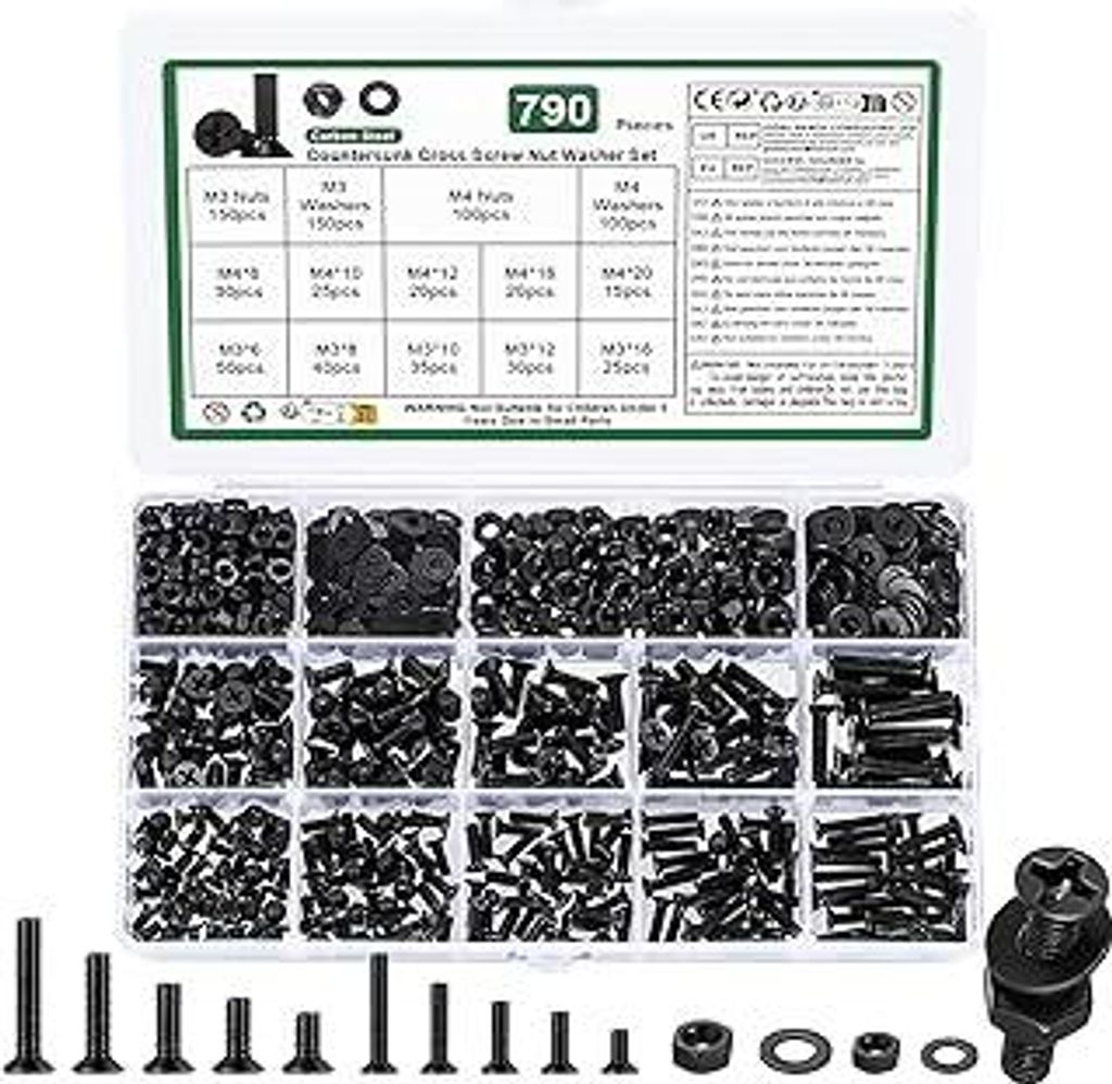 790 Stk M3 M4 Schrauben Set, Senkkopfschrauben Muttern Set, Flachkopfschrauben und Muttern Set, Kreuzschlitz Maschinenschrauben Sortiment Kit mit U...