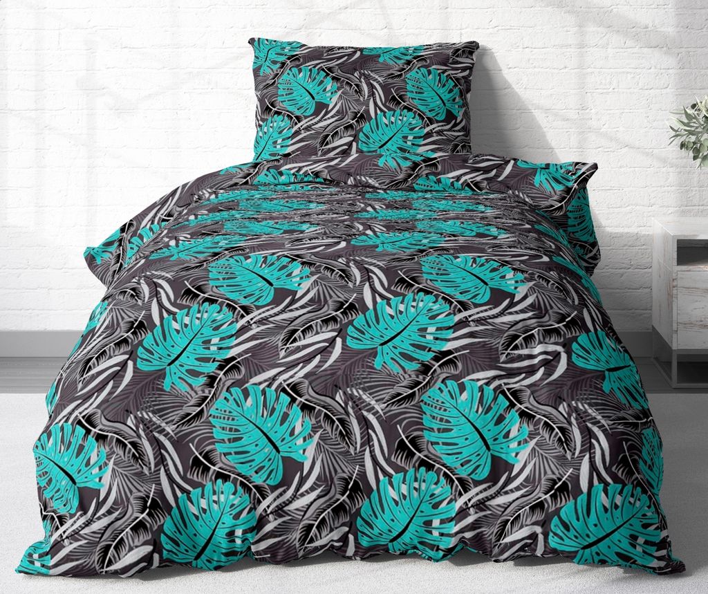2-teilige Renforce Bettwäsche 135x200cm und 80x80cm - Blätter in Grau, Schwarz und Türkis - 100% Baumwolle, Bettgarnitur (KY-630/1-Renforce)