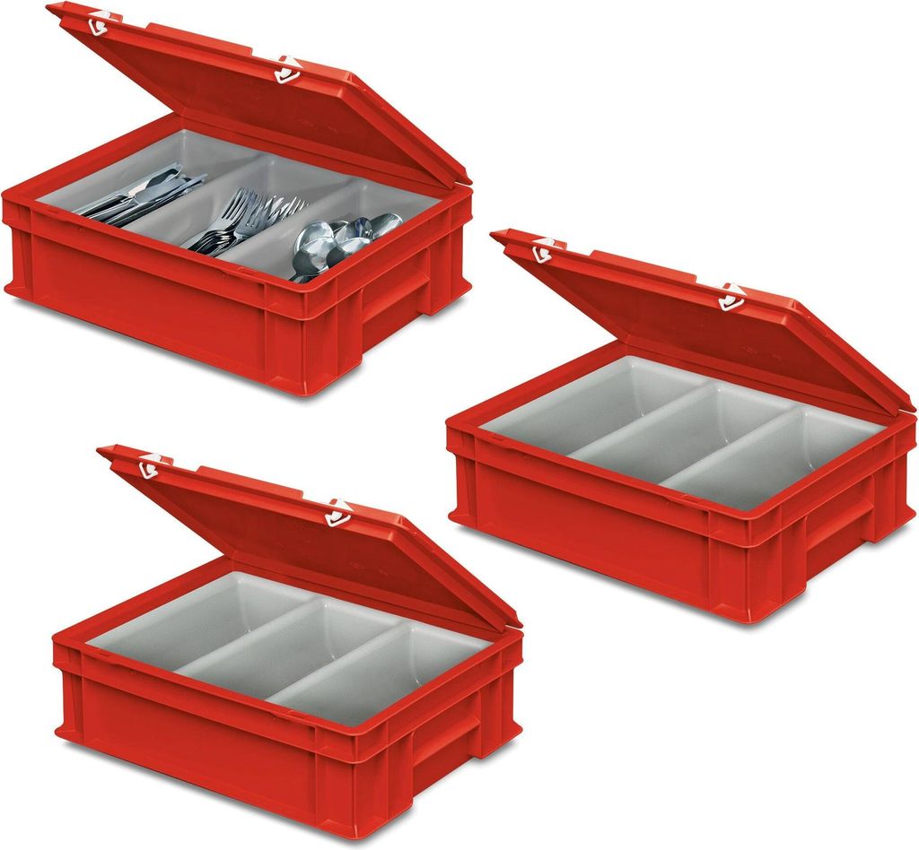 3 Besteckkasten / Sortierbehälter, 400 x 300 x 130 mm, rot, 3 Mulden je 2 Liter