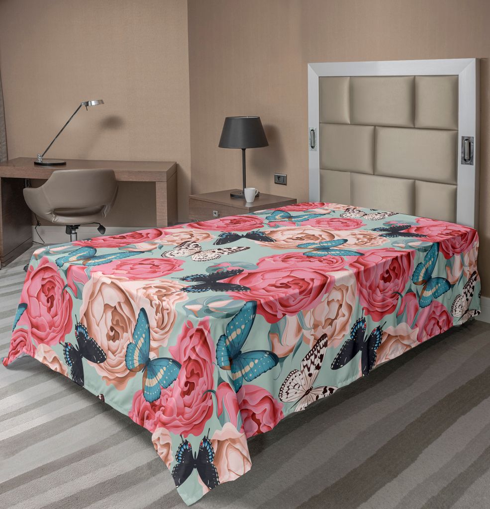 ABAKUHAUS Schmetterling Bettlaken, Pfingstrose Rosen Schmetterling Romantischer Grafischer Druck Retro Art Druck, weiches bequemes oberes Bettlaken...
