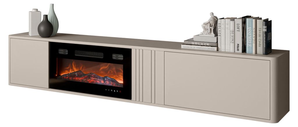 MIRJAN24 TV-Lowboard Philippe 190 mit kamin, Stilvoll Wohnzimmer, Lowboard mit zwei Drehtüren (Farbe: Cashmere)