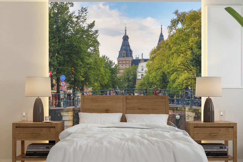 MuchoWow Fototapete für Wohnzimmer oder Schlafzimmer Wandtapete Vinyl Motivtapete Amsterdamer Architektur an der Spiegelgracht - 260x260 cm - Pa...