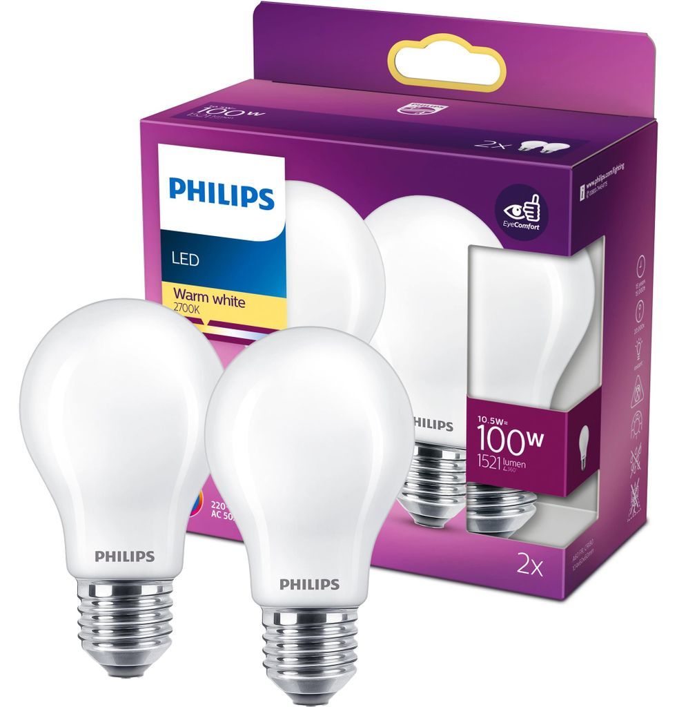 Philips Żarówka żarnikowa matowa 100 W A60 E27 x2, 10,5 W, Zdjęcie produktu 