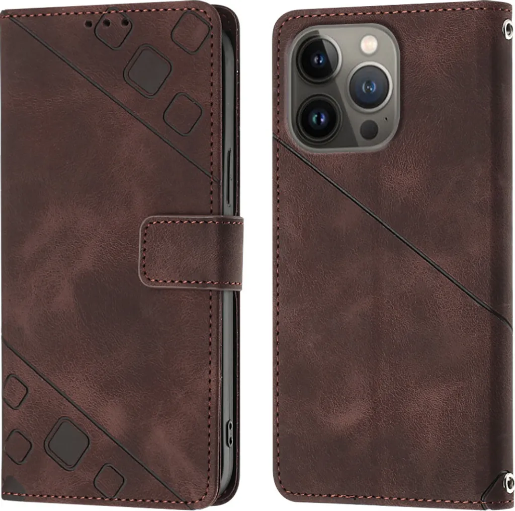 Custodia per iPhone 13 Pro Max in rilievo Custodia a portafoglio in pelle flip con funzione stand Marrone