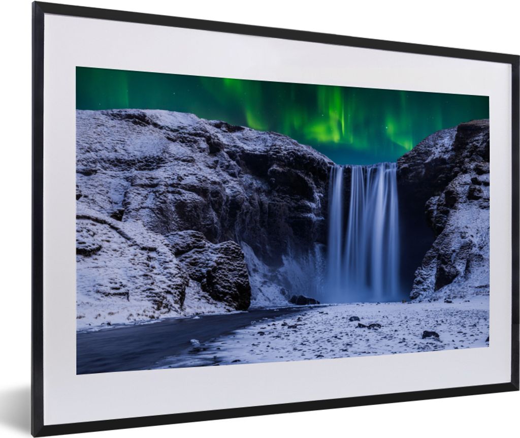 MuchoWow MuchoWow Gerahmtes Poster Nordlichter - Wasserfall - Schnee - Island 60x40 cm - Poster mit zchwarzem Bilderrahmen - Schlafzimmer - Pla...