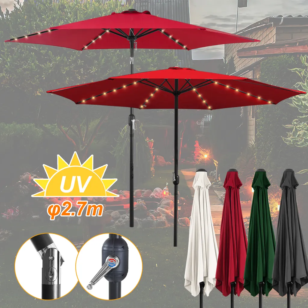 Ombrellone da Giardino Rosso Ø2,7m con LED Solari e Rotazione 360°