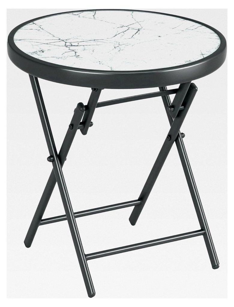Klapptisch aus Glas mit Marmoroptik, runder Beistelltisch für Balkon, Terrasse, Wohnzimmer und Büro, 45 x 45 x 50 cm, Weiß