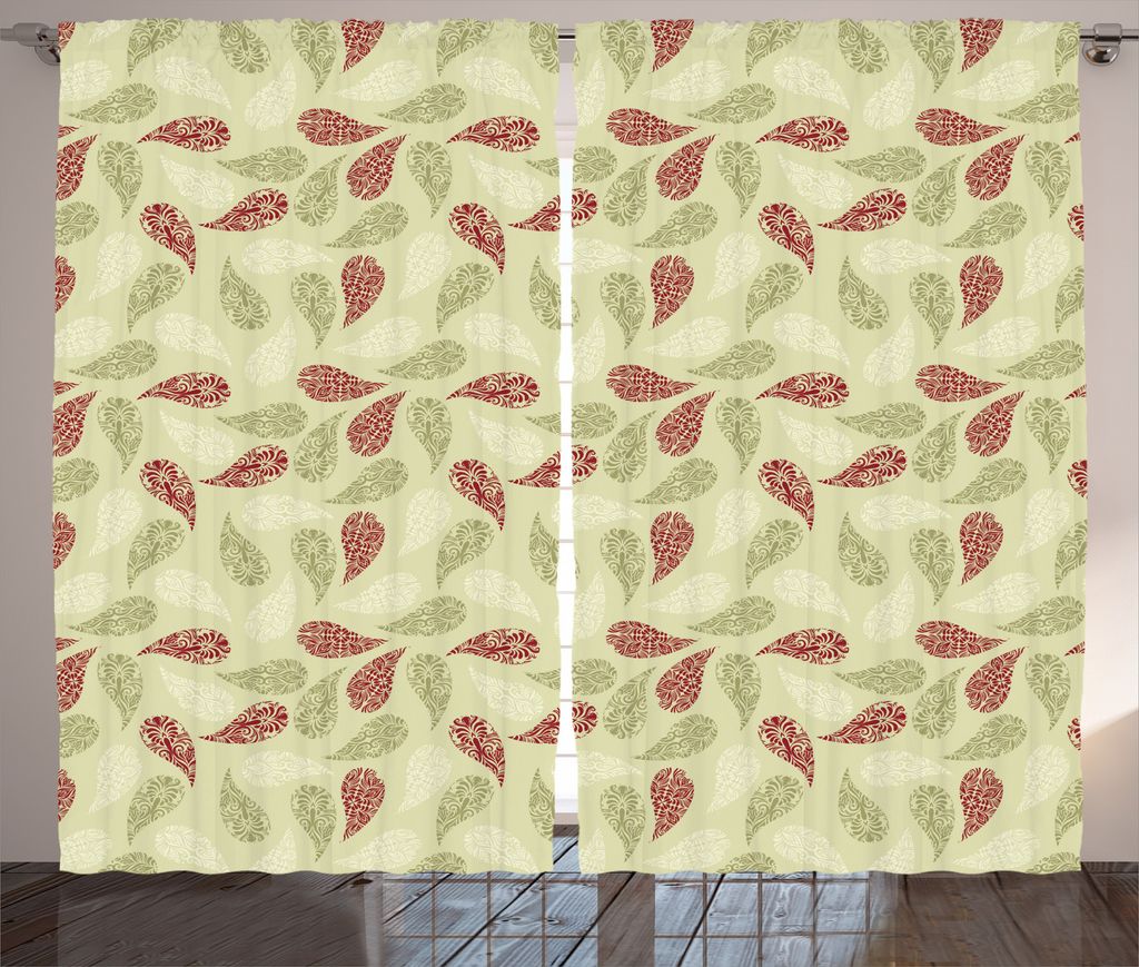 ABAKUHAUS Paisley Rustikaler Vorhang, Blumenblatt-Muster, Wohnzimmer Universalband Gardinen mit Schlaufen und Haken, 280 x 175 cm, Rot und Hellgrün