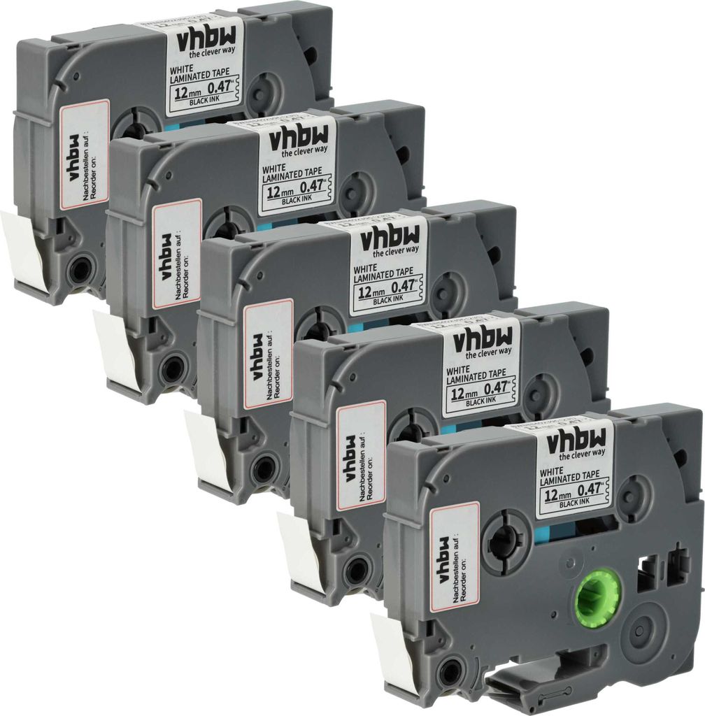 vhbw 5x Schriftband-Kassette kompatibel mit Brother PT 1000, 1000BM, 1000BTS, 1000-Serie Etiketten-Drucker 4m x 12mm Schwarz auf Weiß, Laminiert