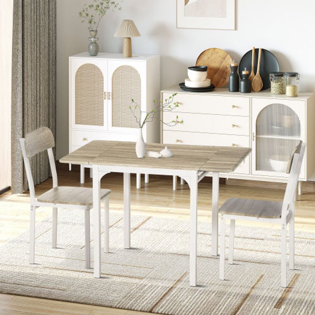3 TLG Essgruppe 120x60x75 cm Naturbelassen Weiss Mit 2 Stuehlen Klappbare Tischplatte Stahl MDF Fuer Kueche Esszimmer Lehnstuhl
