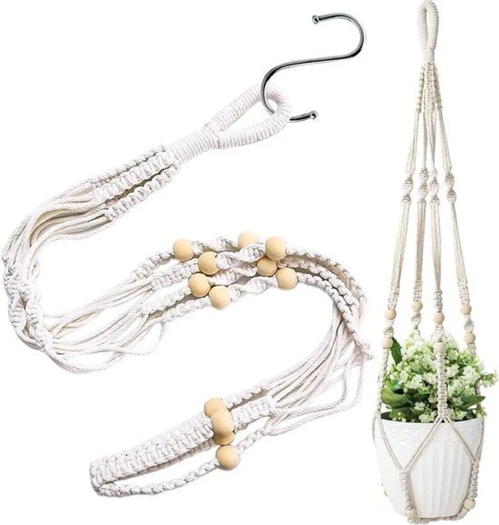 Pots suspendus en corde de coton avec perles en bois et crochet robuste