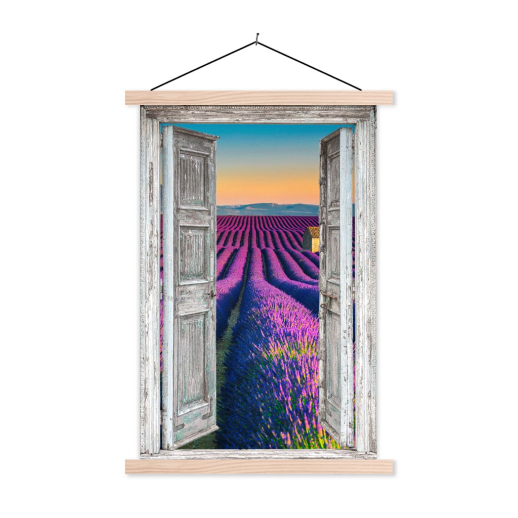 MuchoWow Textilposter Lavendel - Sommer - Ausblick - Blumen 60x90 cm mit holzfarbenen Rahmen - Textil