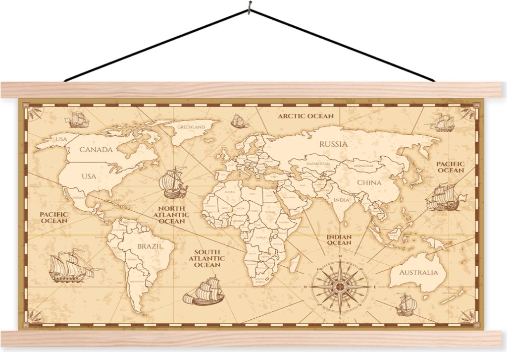 MuchoWow Textilposter Weltkarte - Vintage - Boot - Windrose 120x60 cm mit holzfarbenen Rahmen - Klemmleiste