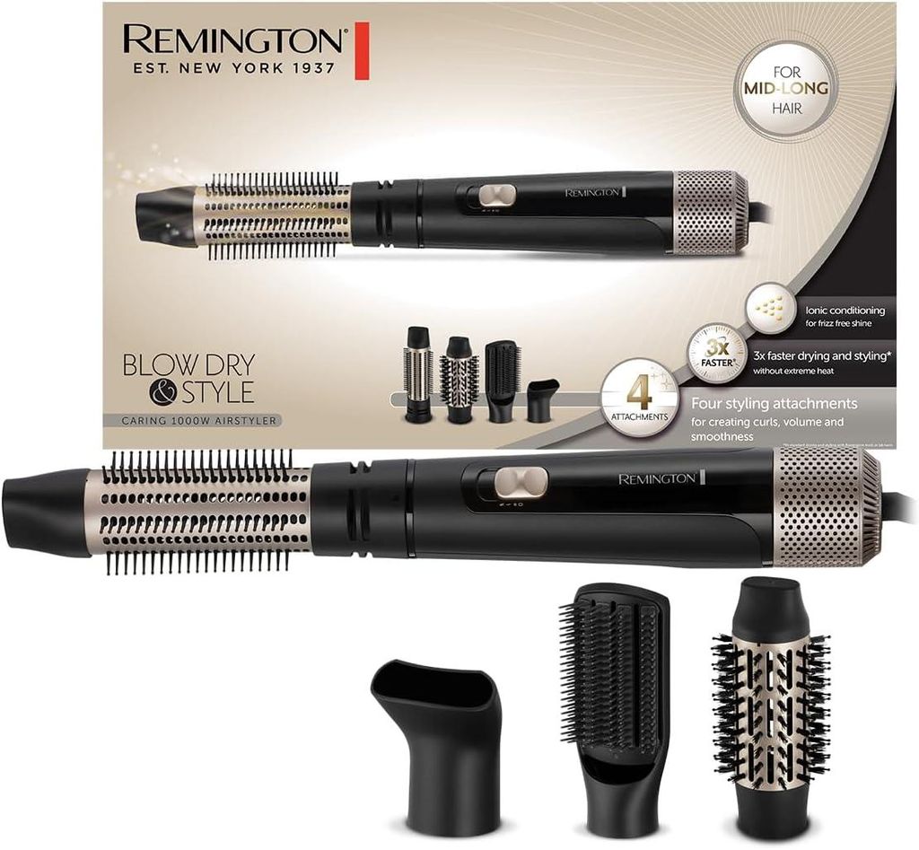 Remington Warmluftbürste AS7500 mit 4 Aufsätzen 38 mm & 50 mm Rundbürste, Stylingdüse, Flachbürste, Blow Dry&Style, Ionenpflege, Abkühlstufe,...