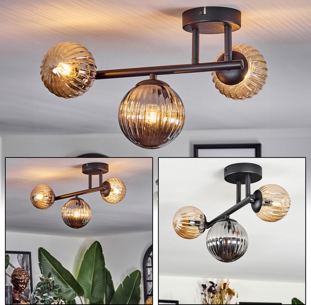 Isorella Deckenlampe aus Metall/Riffelglas in Schwarz/Bernstein/Rauch