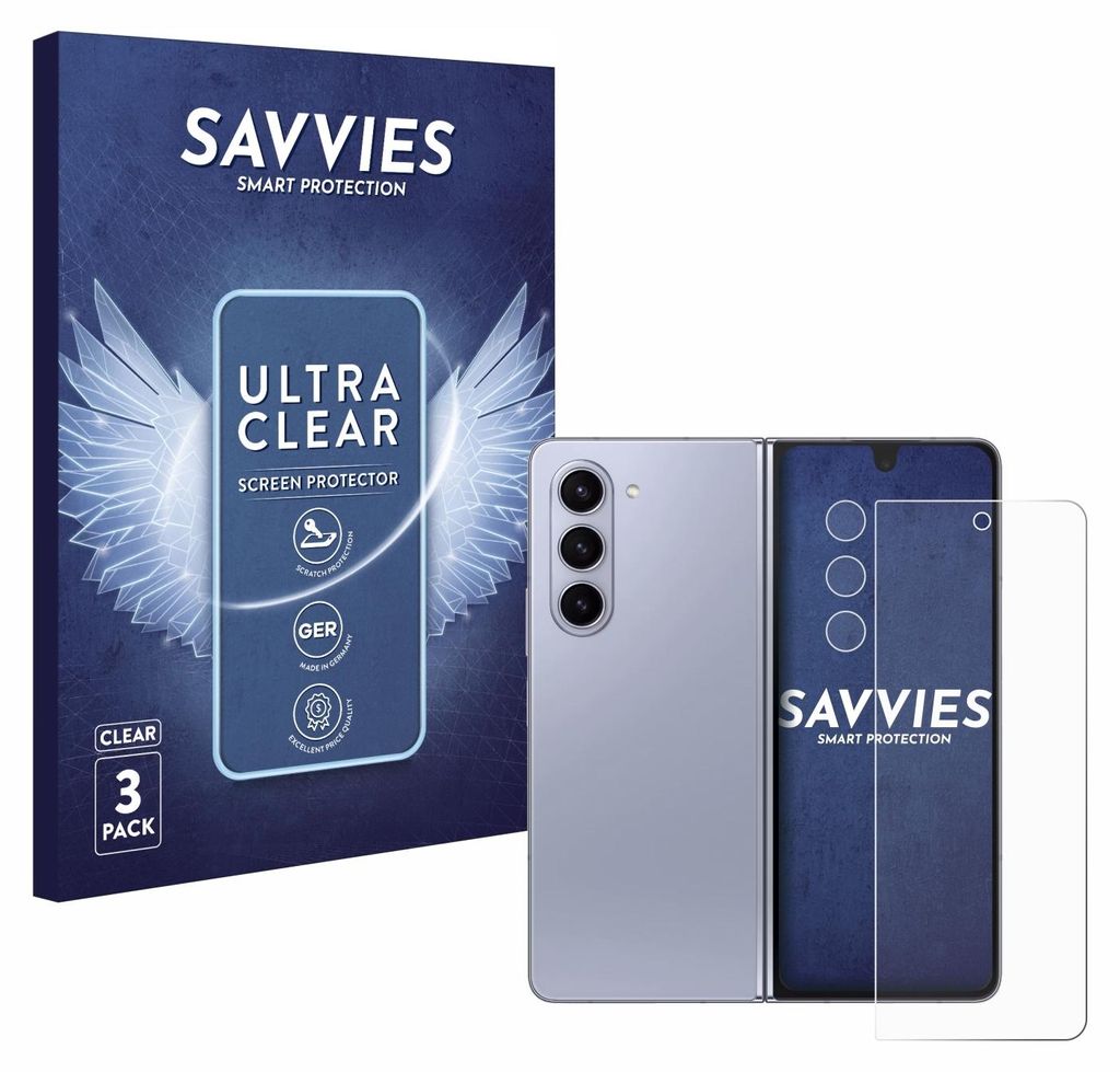 A product shot of a phone screen protector packaging and a foldable phone.